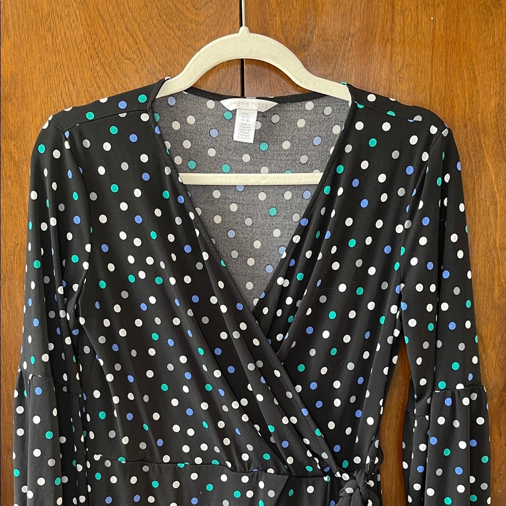 London Times Size 8 Black Dress with Multicolor Dots - Picture 4 of 5